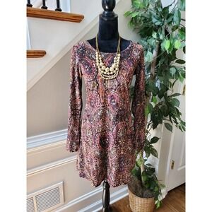 Earthbound Women Multicolor Polyester Round Neck Long Sleeve Knee Length Dress M